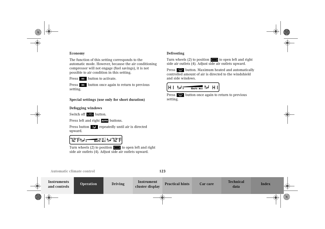 Automatic climate control:economy, Automatic climate control:special settings, Automatic climate control:defrosting | Economy special settings | Mercedes-Benz 2002 CLK 320  EN User Manual | Page 126 / 346