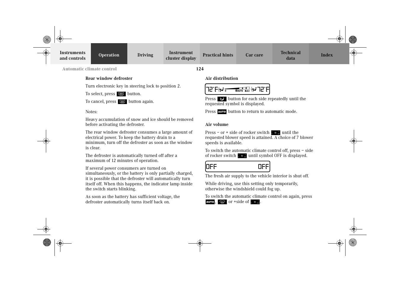 Automatic climate control:rear window defroster, Air distribution, Air volume | Rear window defroster | Mercedes-Benz 2002 CLK 320  EN User Manual | Page 127 / 346