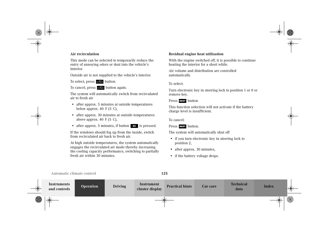 Automatic climate control:air recirculation, Air recirculation residual engine heat utilization | Mercedes-Benz 2002 CLK 320  EN User Manual | Page 128 / 346