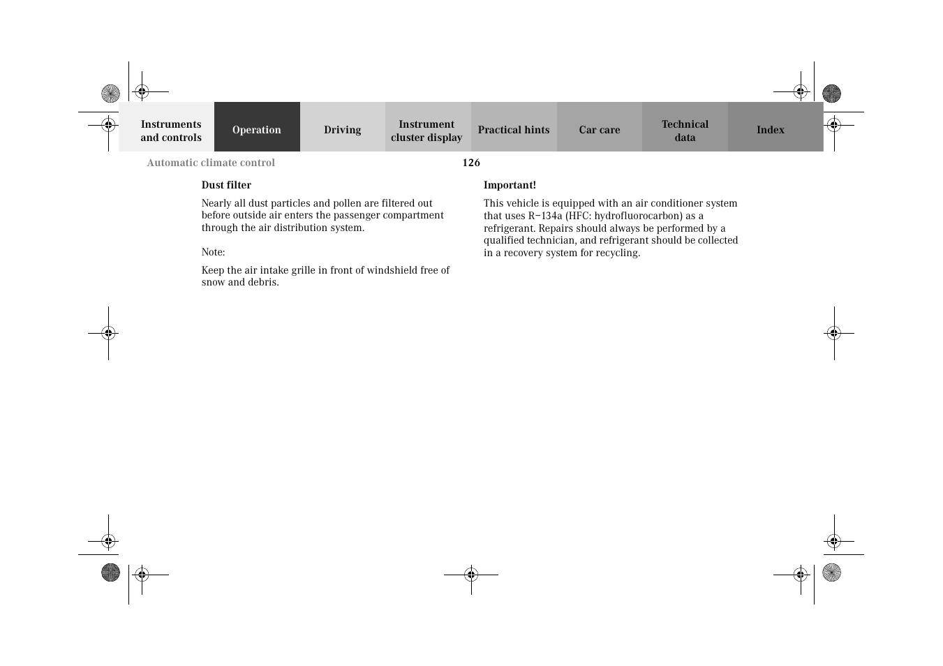 Automatic climate control:dust filter, Dust filter | Mercedes-Benz 2002 CLK 320  EN User Manual | Page 129 / 346