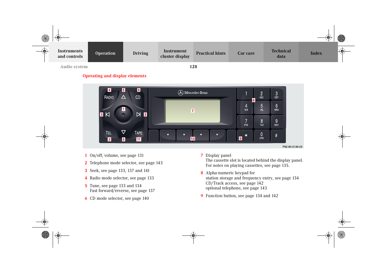 Audio system:operating and display elements | Mercedes-Benz 2002 CLK 320  EN User Manual | Page 131 / 346