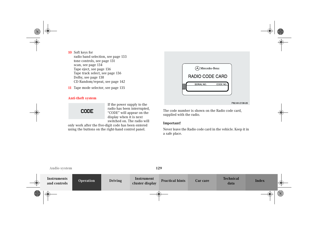 Audio system:anti-theft system | Mercedes-Benz 2002 CLK 320  EN User Manual | Page 132 / 346