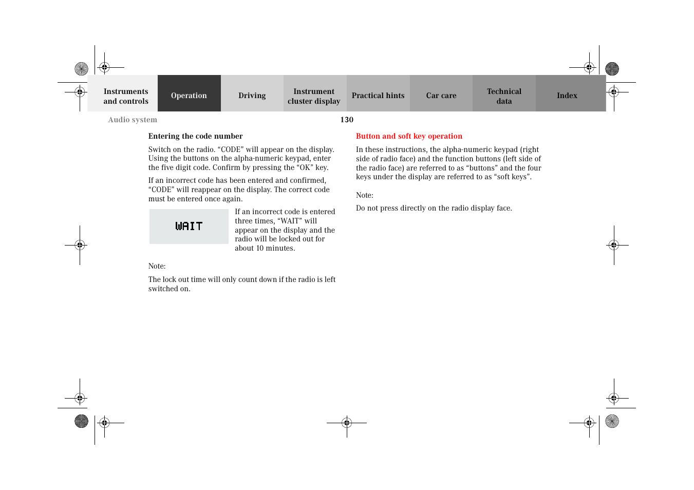 Entering the code number, Audio system:button and soft key operation | Mercedes-Benz 2002 CLK 320  EN User Manual | Page 133 / 346