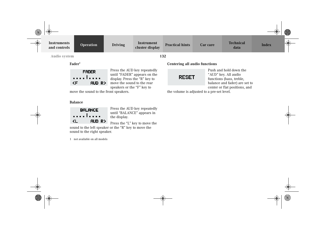 Fader, Balance, Centering all audio functions | Mercedes-Benz 2002 CLK 320  EN User Manual | Page 135 / 346