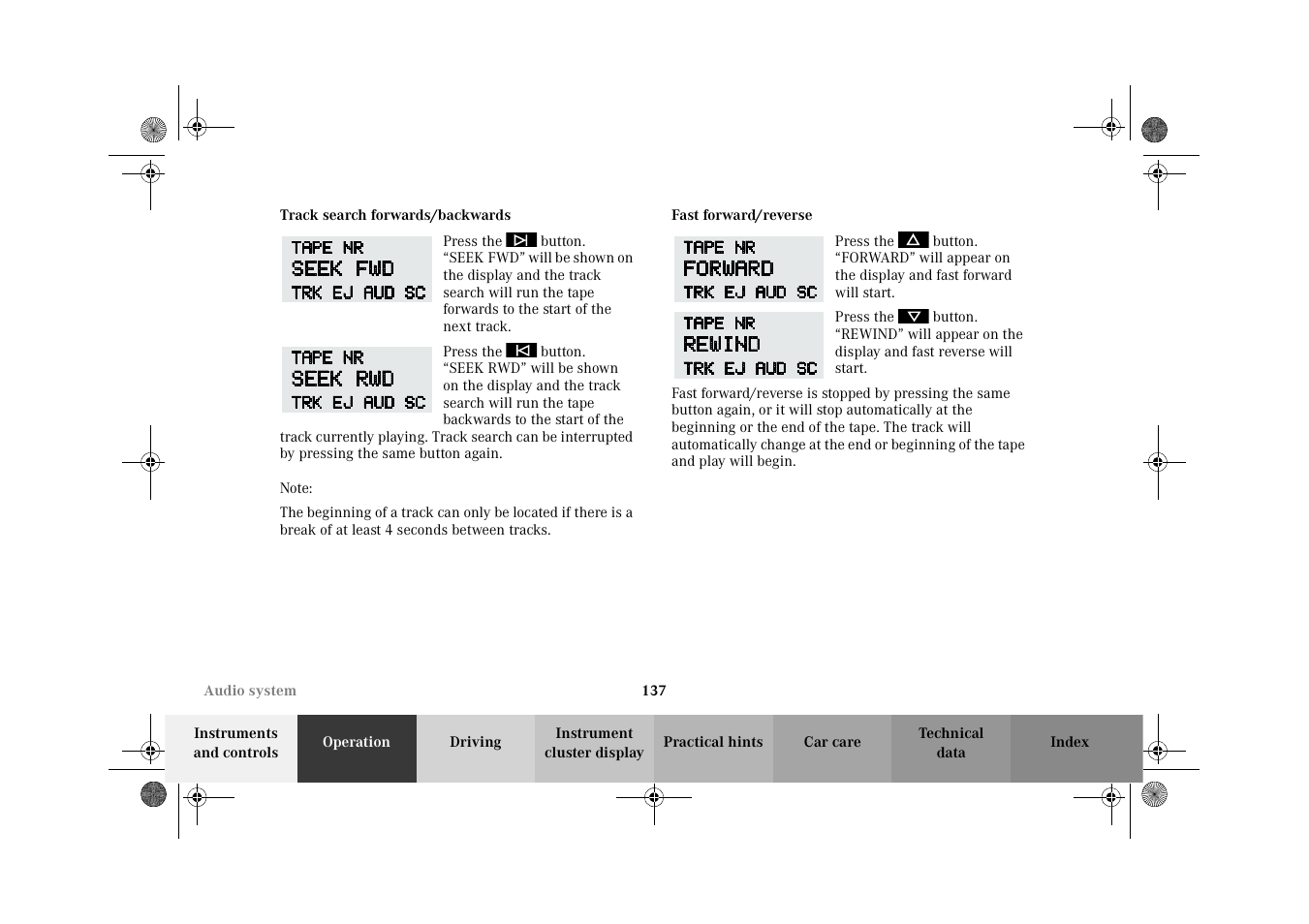Track search forwards/backwards, Fast forward/reverse, 137 an | Mercedes-Benz 2002 CLK 320  EN User Manual | Page 140 / 346