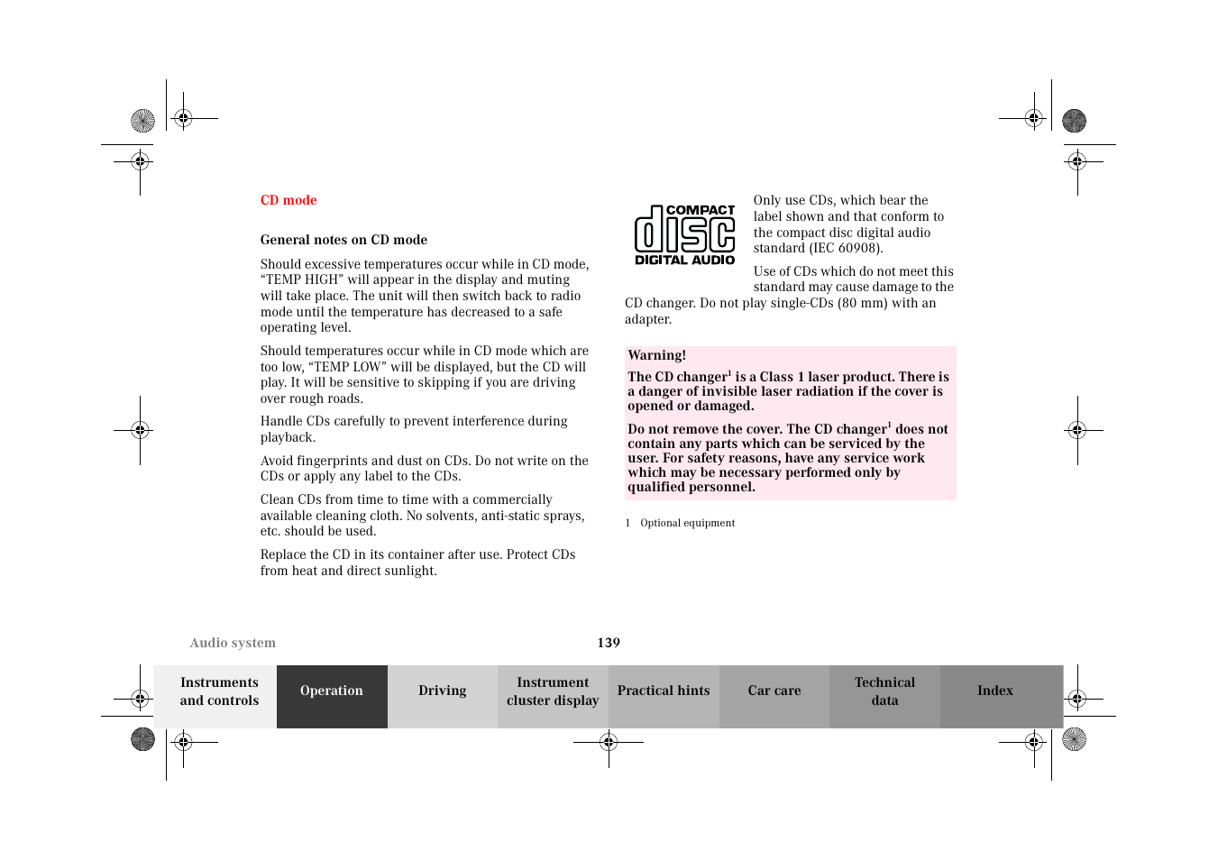 Audio system:cd mode, General notes on cd mode | Mercedes-Benz 2002 CLK 320  EN User Manual | Page 142 / 346