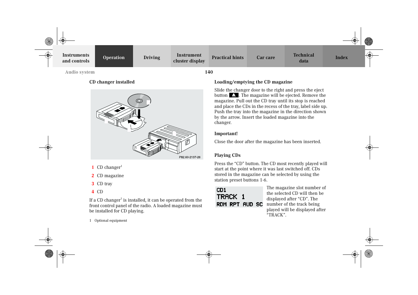 Cd changer installed, Loading/emptying the cd magazine, Playing cds | Mercedes-Benz 2002 CLK 320  EN User Manual | Page 143 / 346
