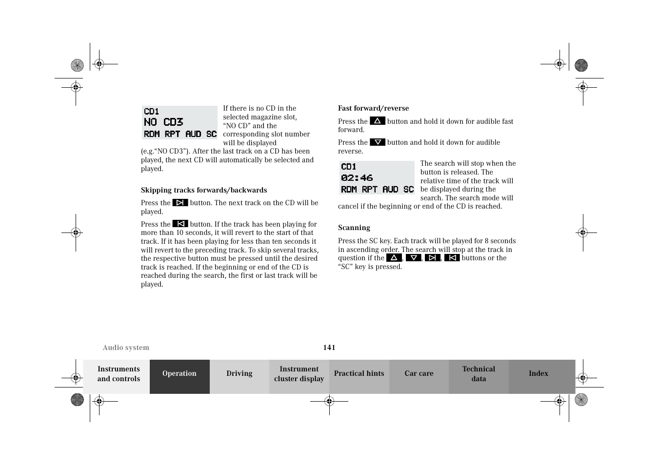 Skipping tracks forwards/backwards, Fast forward/reverse, Scanning | Mercedes-Benz 2002 CLK 320  EN User Manual | Page 144 / 346