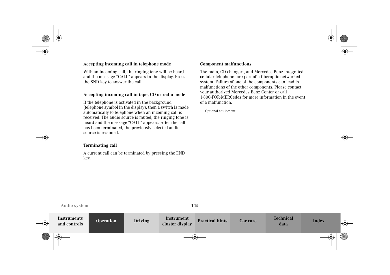 Accepting incoming call in telephone mode, Accepting incoming call in tape, cd or radio mode, Terminating call | Component malfunctions | Mercedes-Benz 2002 CLK 320  EN User Manual | Page 148 / 346