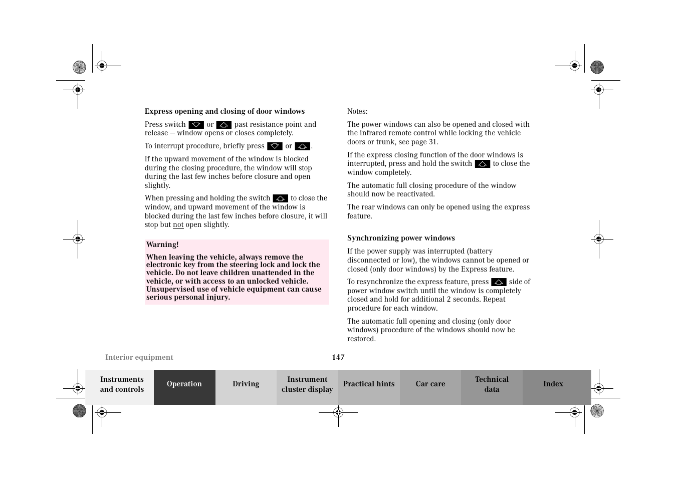 Power windows:express opening and closing, Power windows:synchronizing | Mercedes-Benz 2002 CLK 320  EN User Manual | Page 150 / 346
