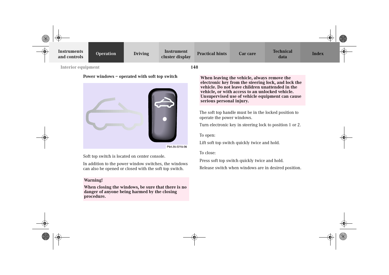 Power windows:operated with soft top switch | Mercedes-Benz 2002 CLK 320  EN User Manual | Page 151 / 346