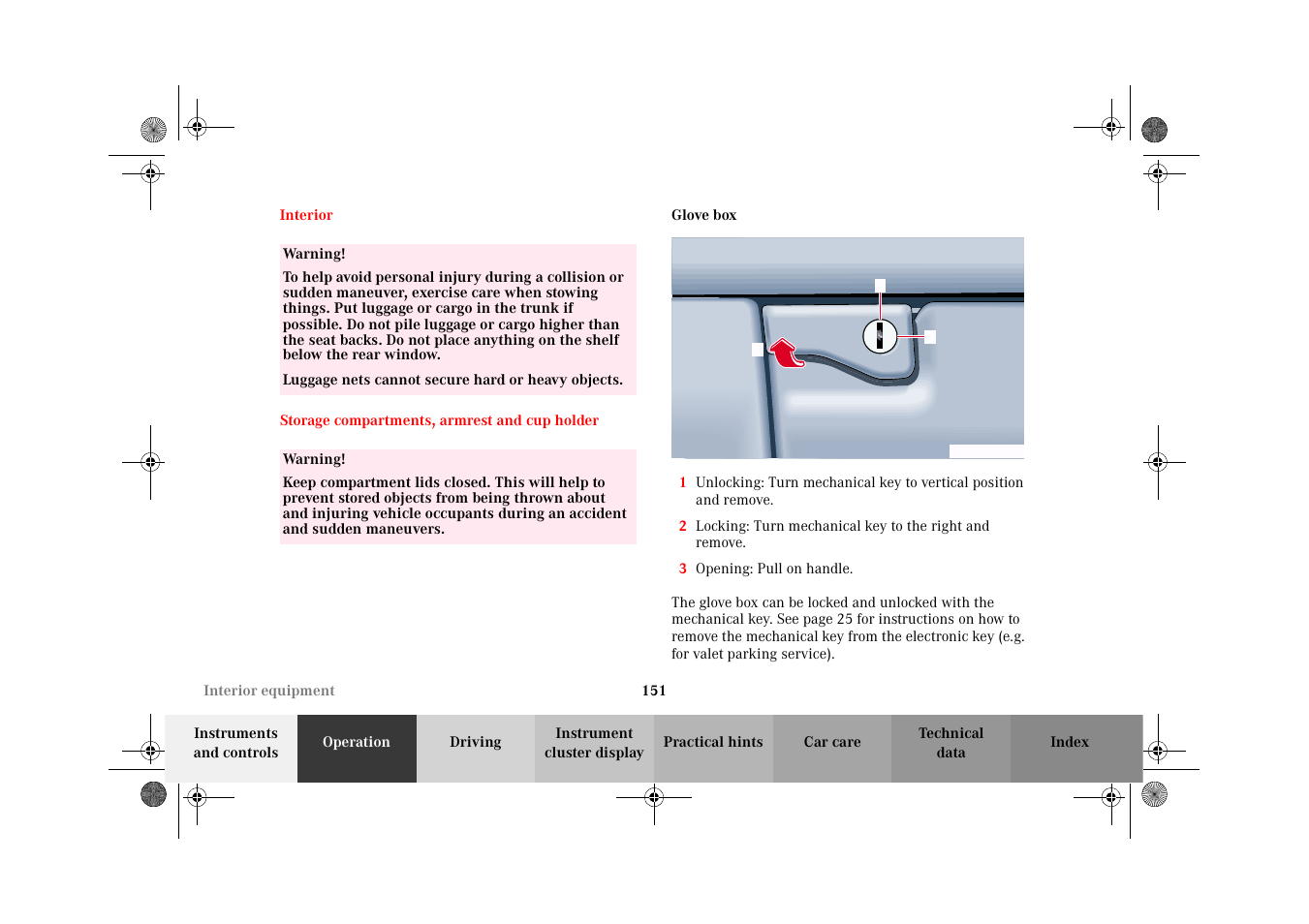 Interior:general notes, Storage compartments, armrest and cup holder, Storage compartments:glove box | Interior storage compartments, armrest, And cup holder, Glove box | Mercedes-Benz 2002 CLK 320  EN User Manual | Page 154 / 346