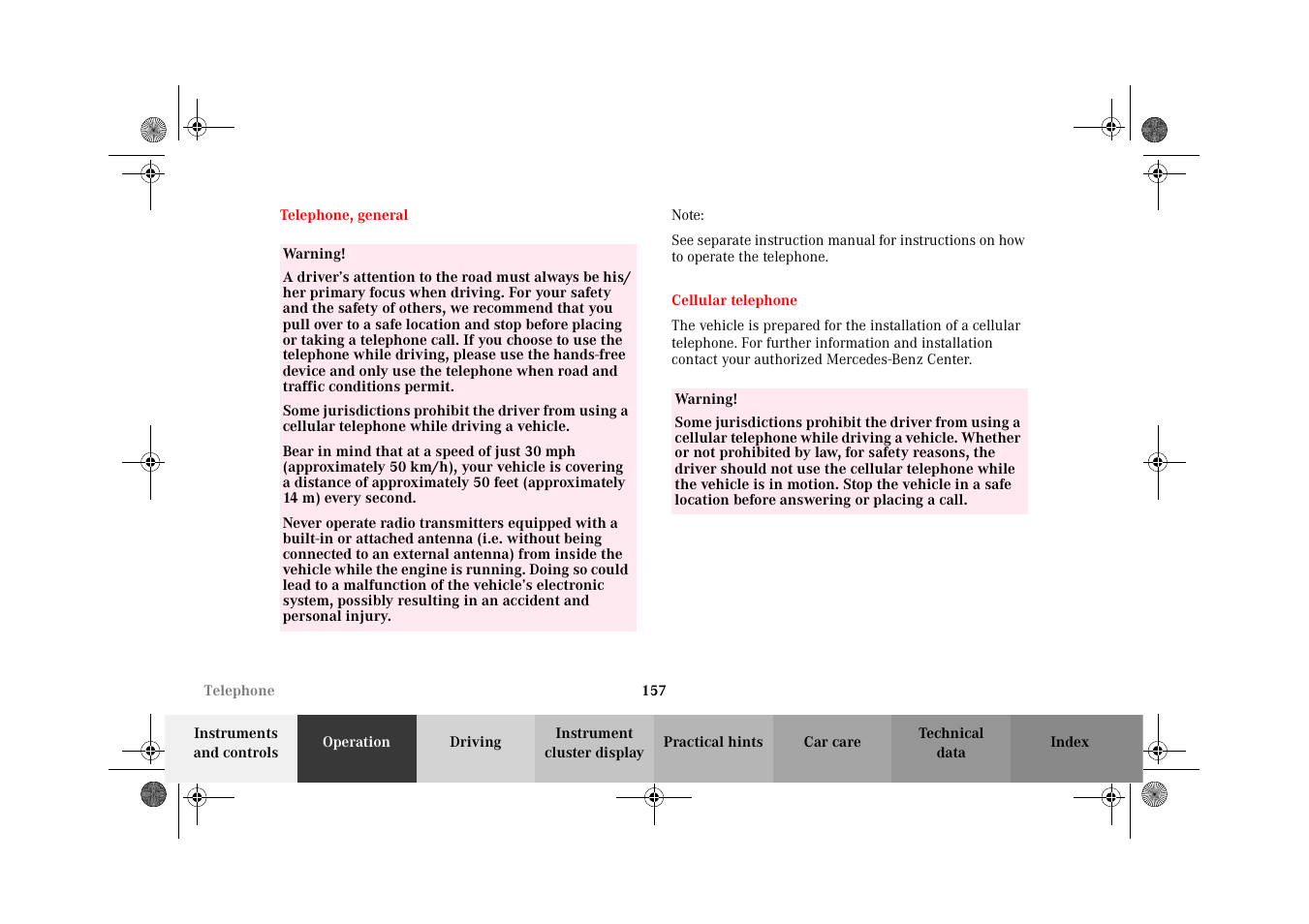 Telephone:general notes, Cellular telephone, Telephone, general cellular telephone | Mercedes-Benz 2002 CLK 320  EN User Manual | Page 160 / 346