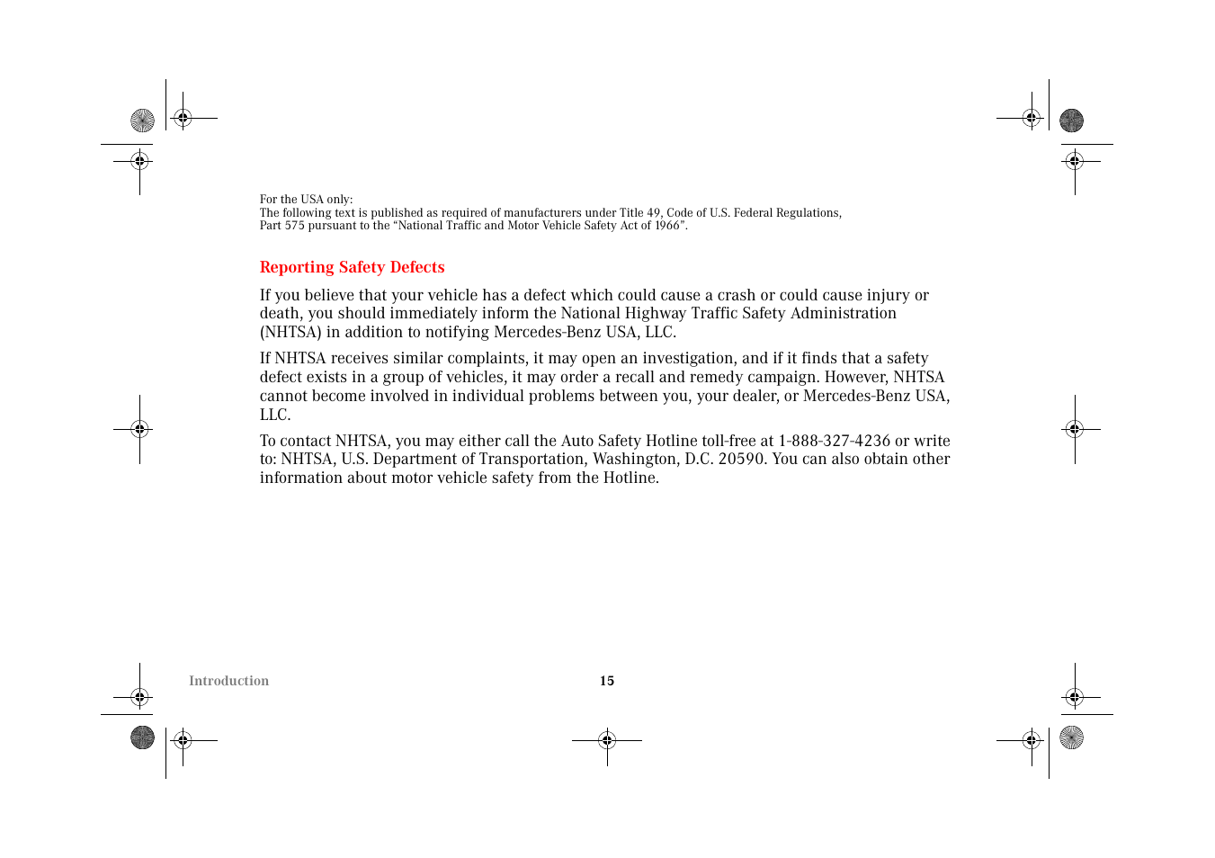 Reporting safety defects | Mercedes-Benz 2002 CLK 320  EN User Manual | Page 18 / 346