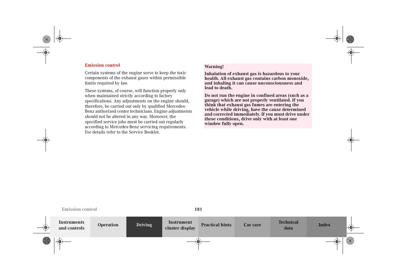 Emission control | Mercedes-Benz 2002 CLK 320  EN User Manual | Page 184 / 346