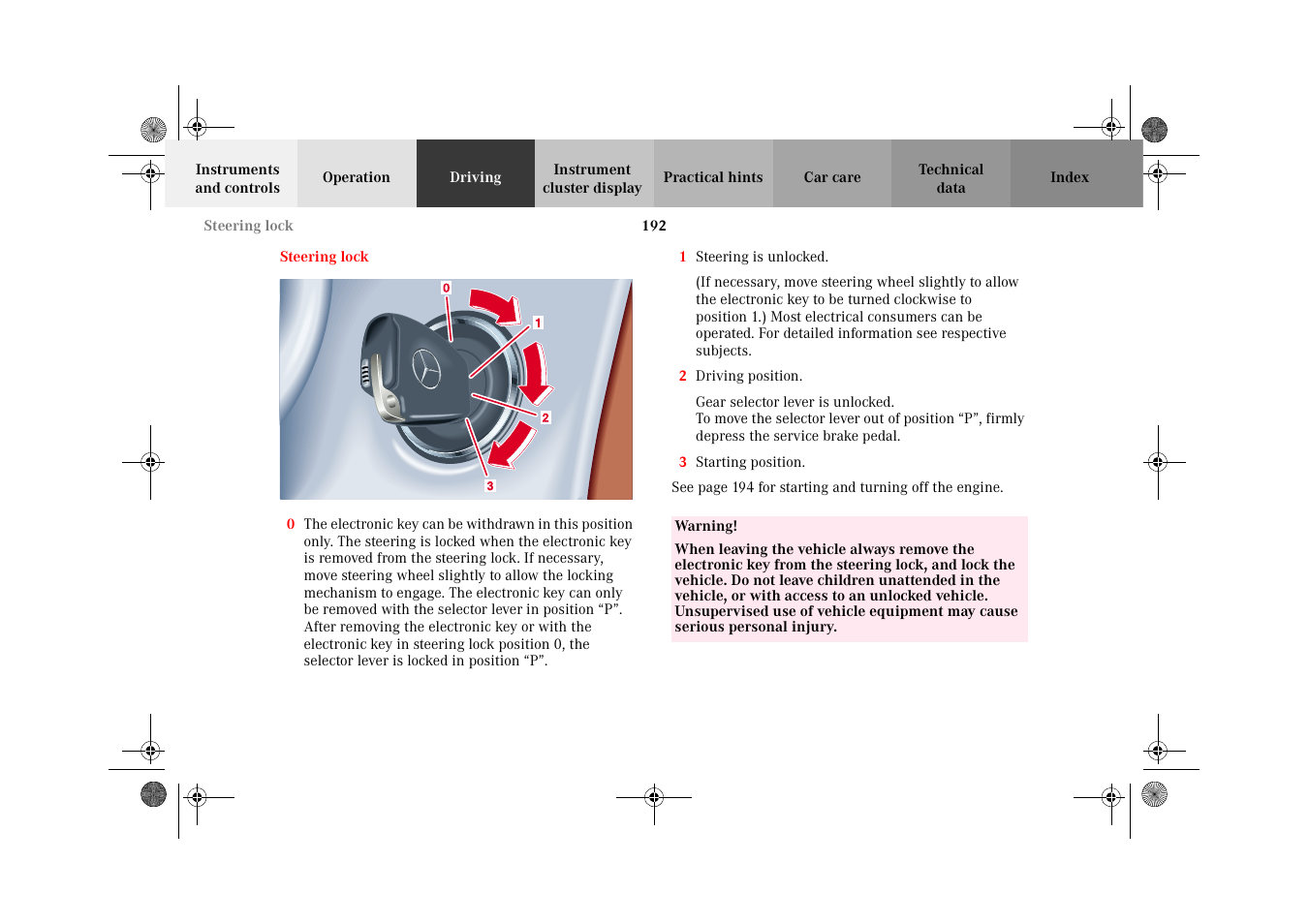 Steering lock | Mercedes-Benz 2002 CLK 320  EN User Manual | Page 195 / 346