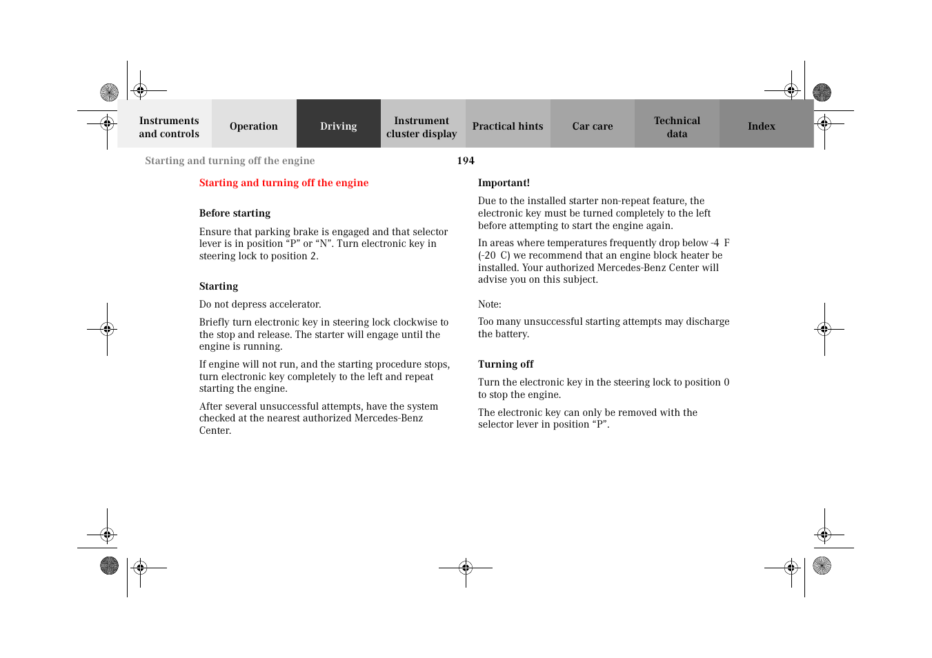 Starting and turning off the engine, Before starting, Starting | Turning off, Starting and turning off, The engine | Mercedes-Benz 2002 CLK 320  EN User Manual | Page 197 / 346