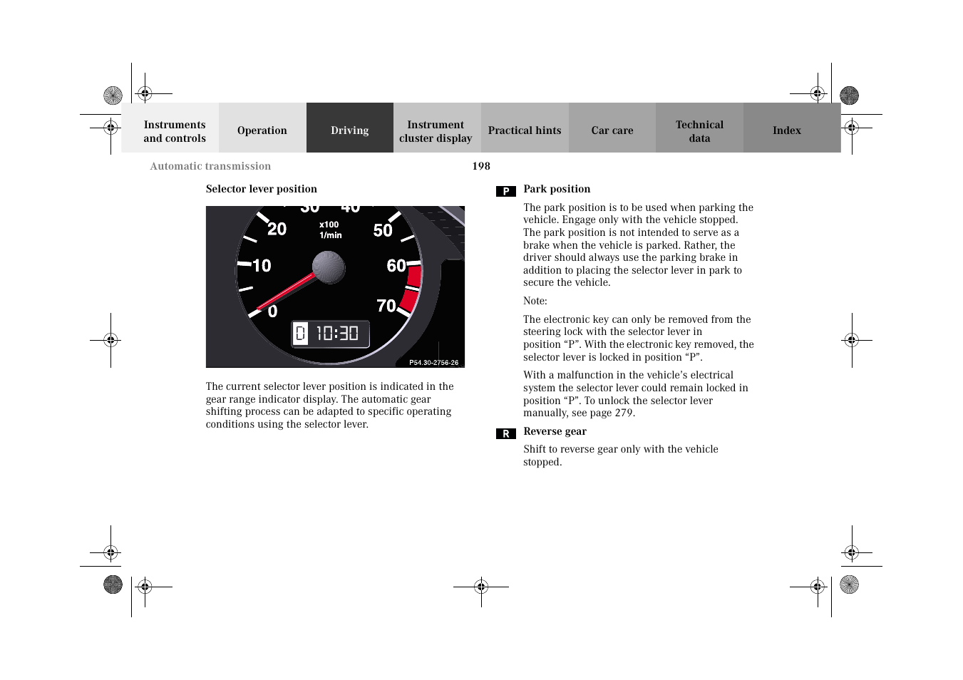 Automatic transmission:selector lever position | Mercedes-Benz 2002 CLK 320  EN User Manual | Page 201 / 346