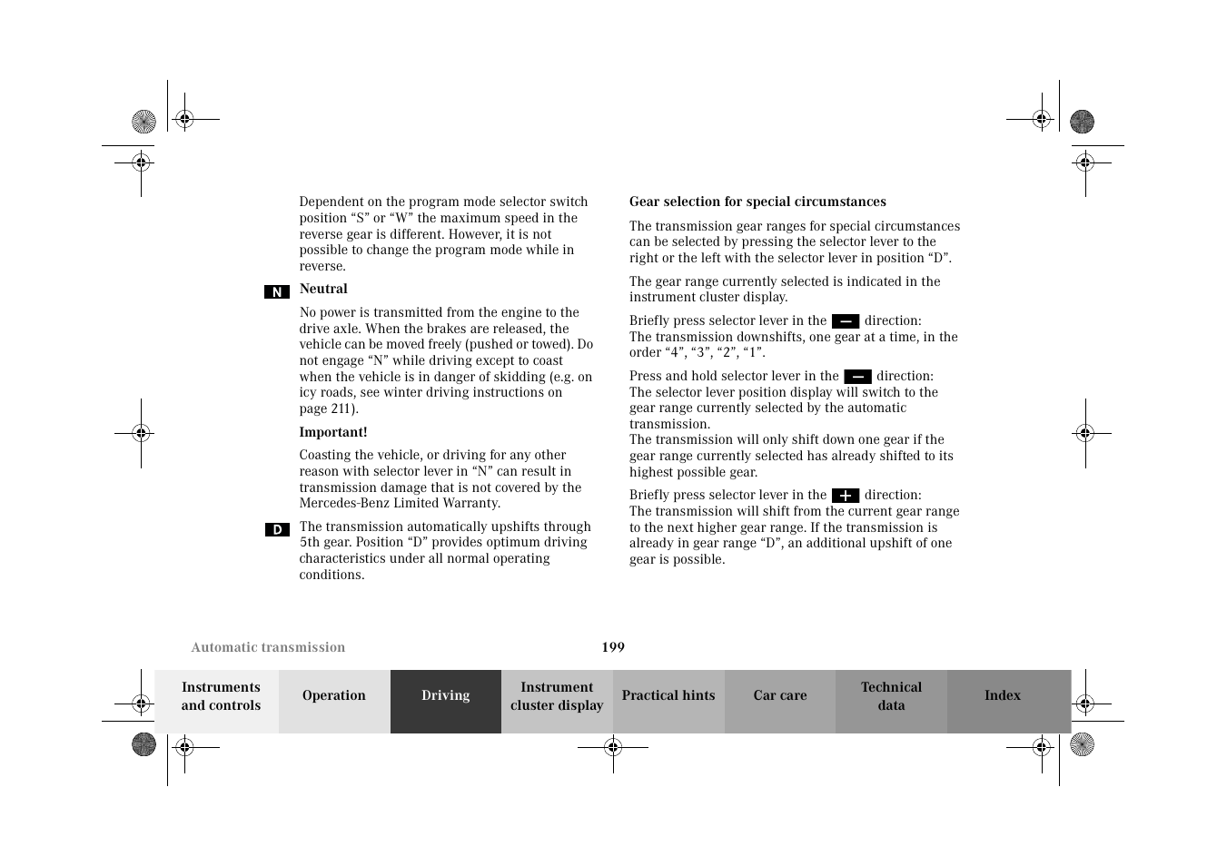 Gear selection for special circumstances | Mercedes-Benz 2002 CLK 320  EN User Manual | Page 202 / 346