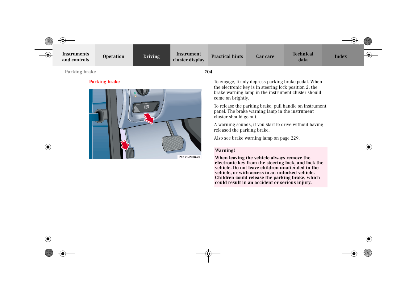 Parking brake | Mercedes-Benz 2002 CLK 320  EN User Manual | Page 207 / 346