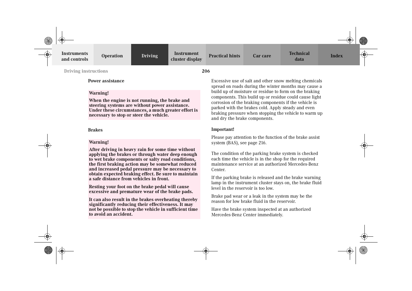 Power assistance, Brakes, Power assistance brakes | Mercedes-Benz 2002 CLK 320  EN User Manual | Page 209 / 346