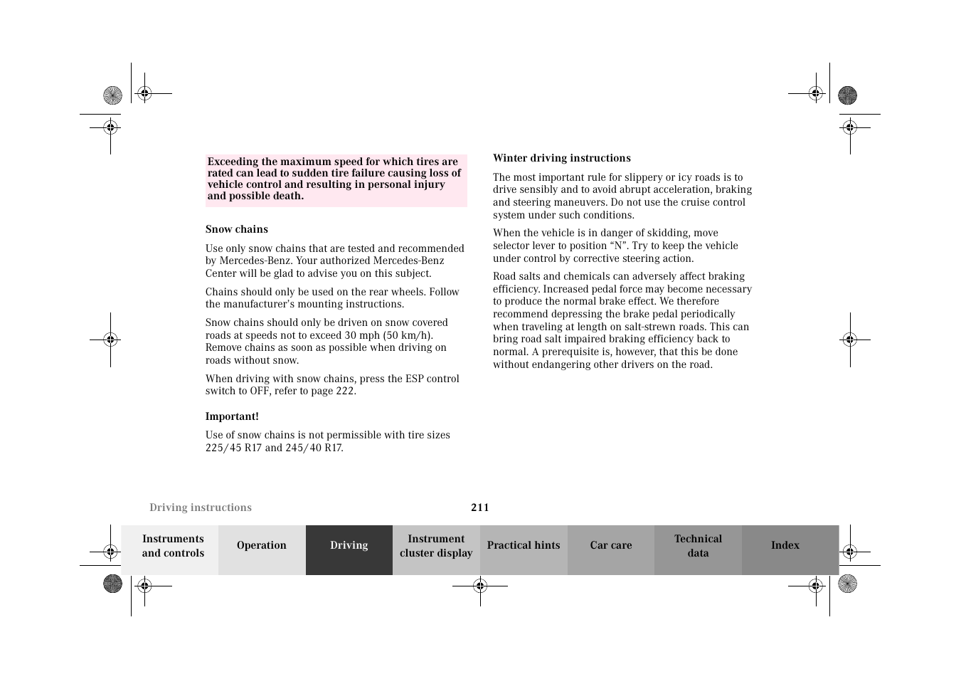 Snow chains, Winter driving instructions, Snow chains winter driving instructions | Mercedes-Benz 2002 CLK 320  EN User Manual | Page 214 / 346
