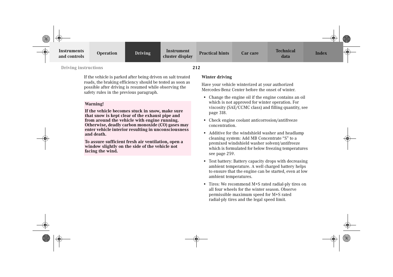 Winter driving | Mercedes-Benz 2002 CLK 320  EN User Manual | Page 215 / 346