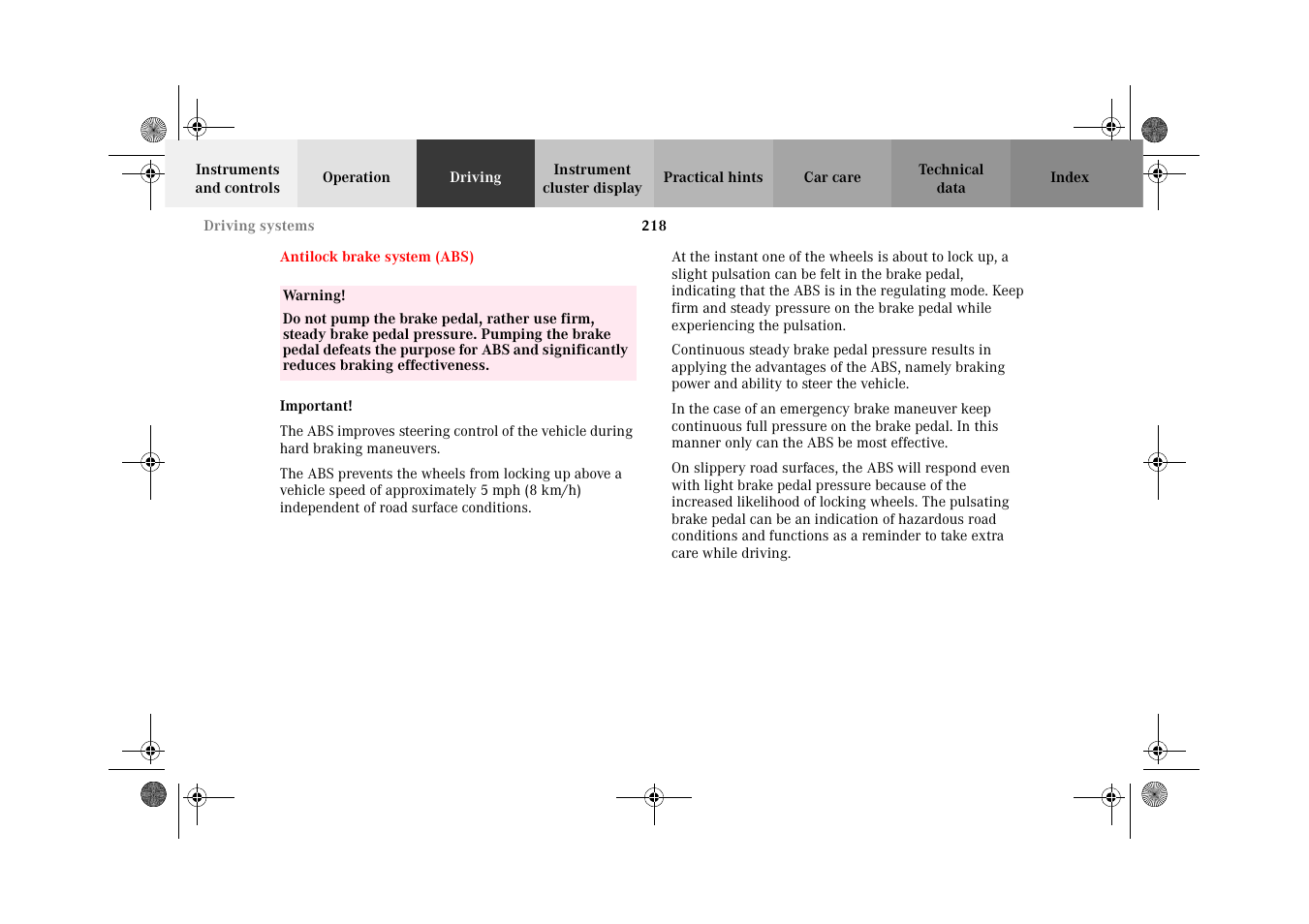 Antilock brake system (abs), Antilock brake system, Abs) | Mercedes-Benz 2002 CLK 320  EN User Manual | Page 221 / 346