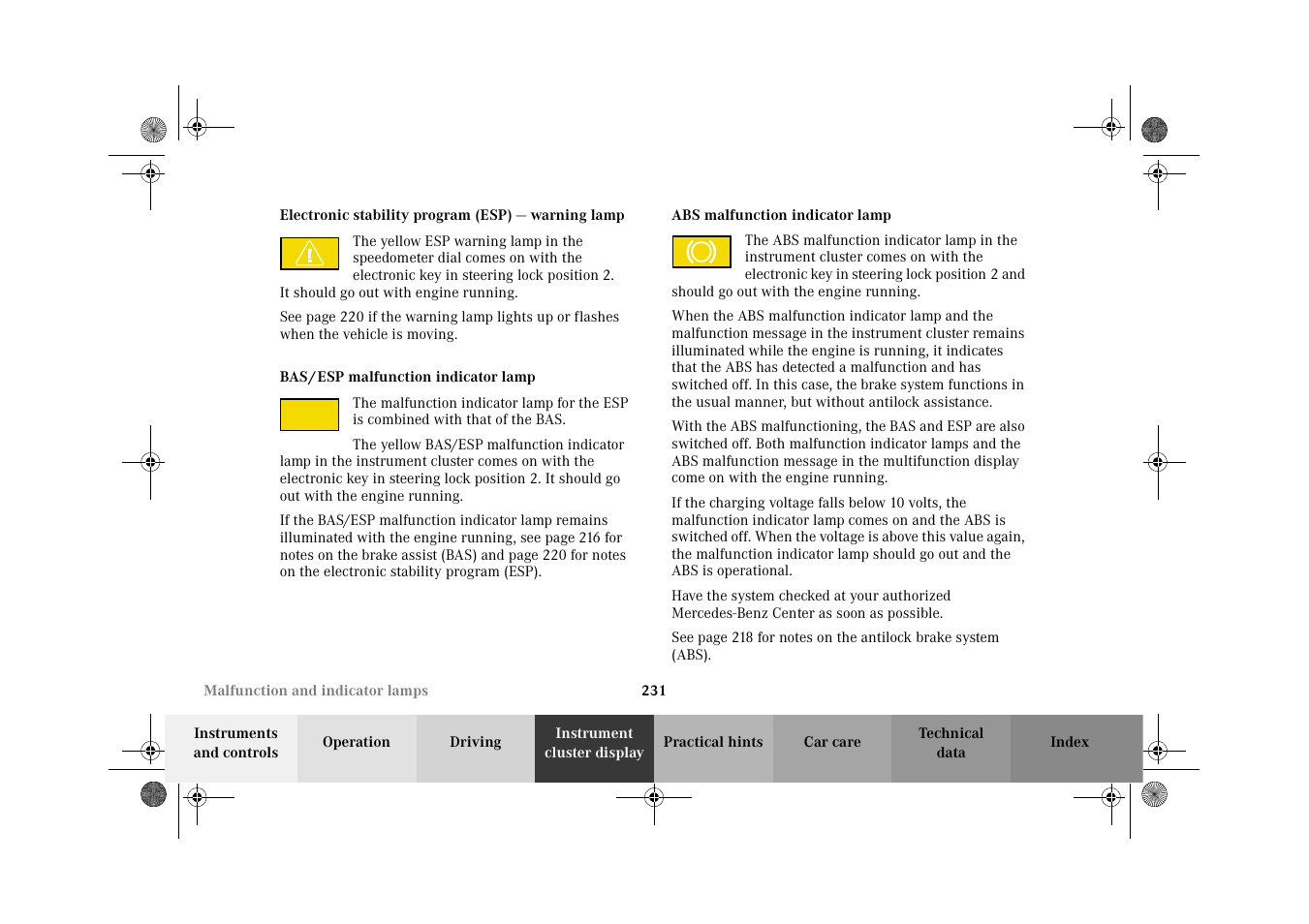 Electronic stability program (esp) — warning lamp, Bas/esp malfunction indicator lamp, Abs malfunction indicator lamp | Mercedes-Benz 2002 CLK 320  EN User Manual | Page 234 / 346