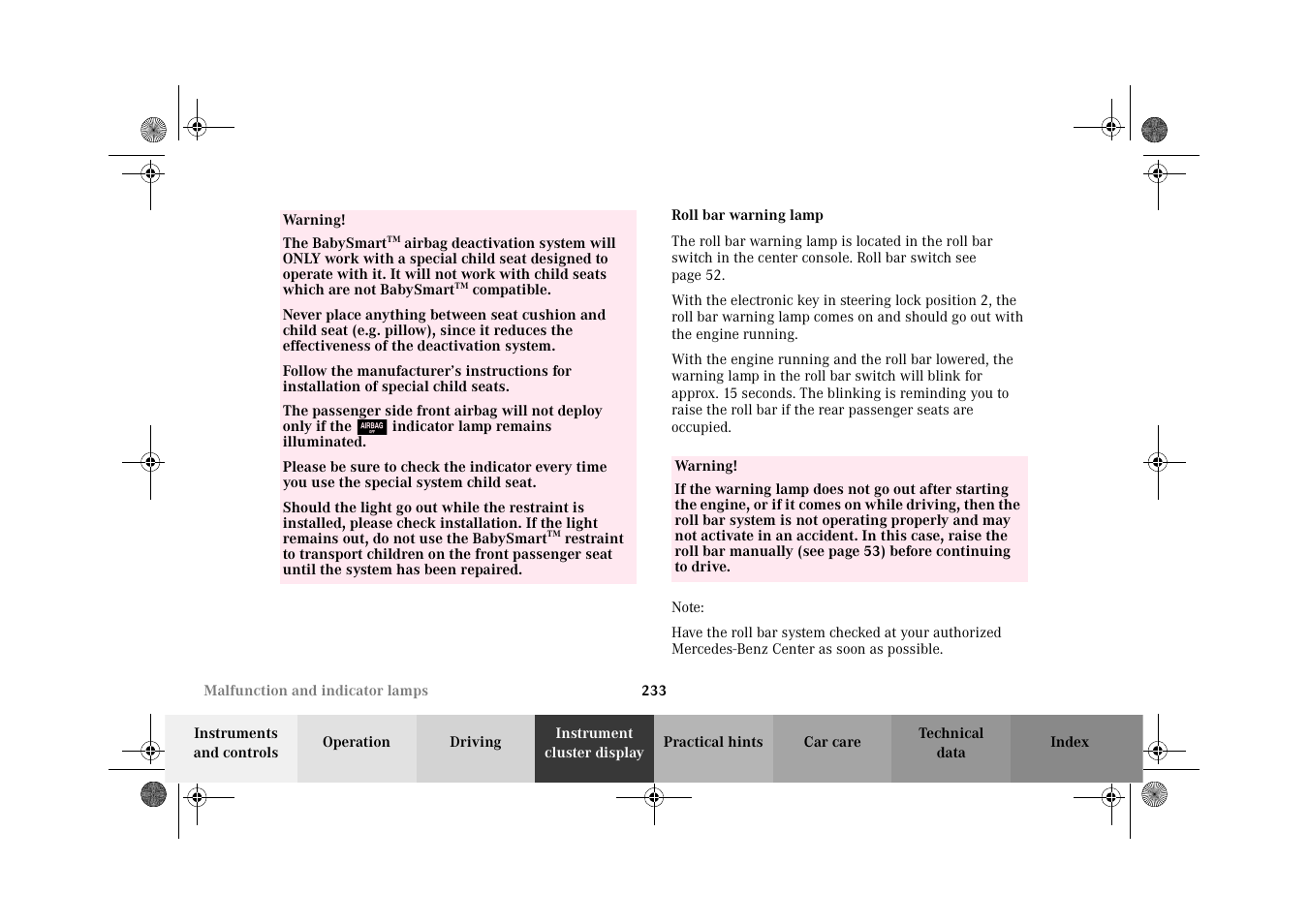 Roll bar warning lamp | Mercedes-Benz 2002 CLK 320  EN User Manual | Page 236 / 346
