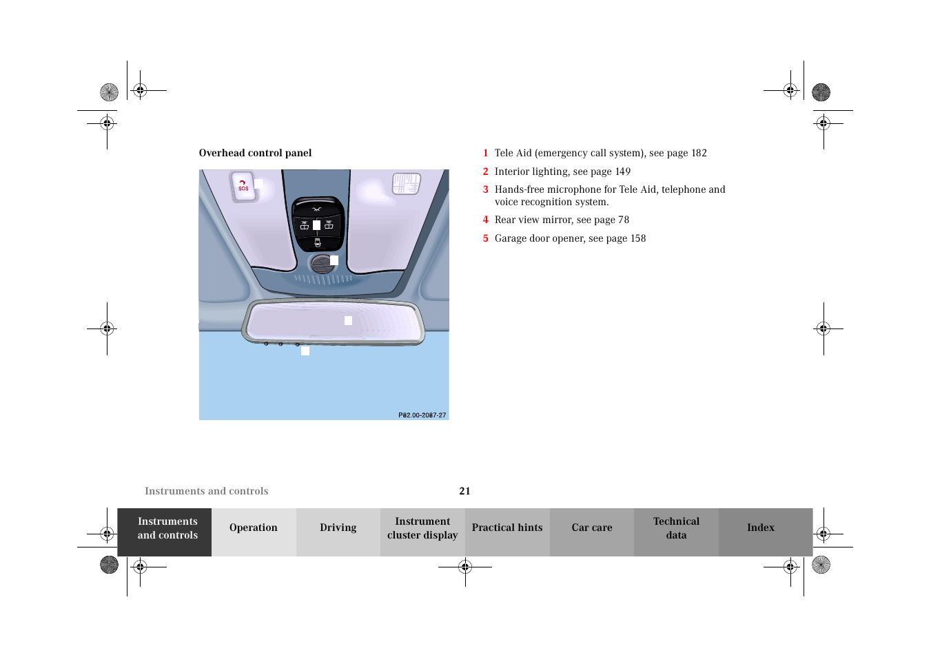 Overhead control panel | Mercedes-Benz 2002 CLK 320  EN User Manual | Page 24 / 346