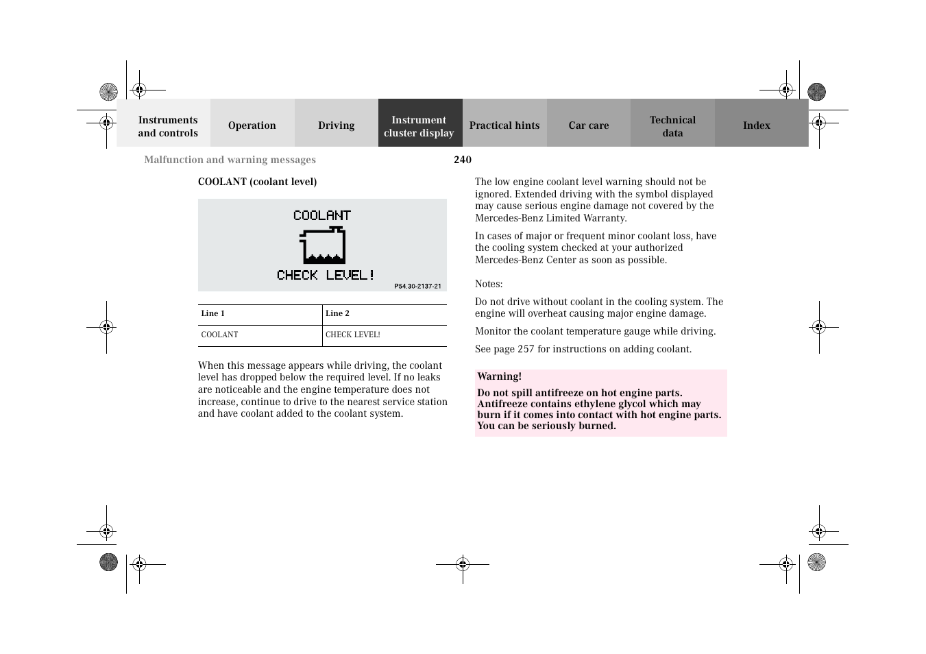 Coolant (coolant level) | Mercedes-Benz 2002 CLK 320  EN User Manual | Page 243 / 346