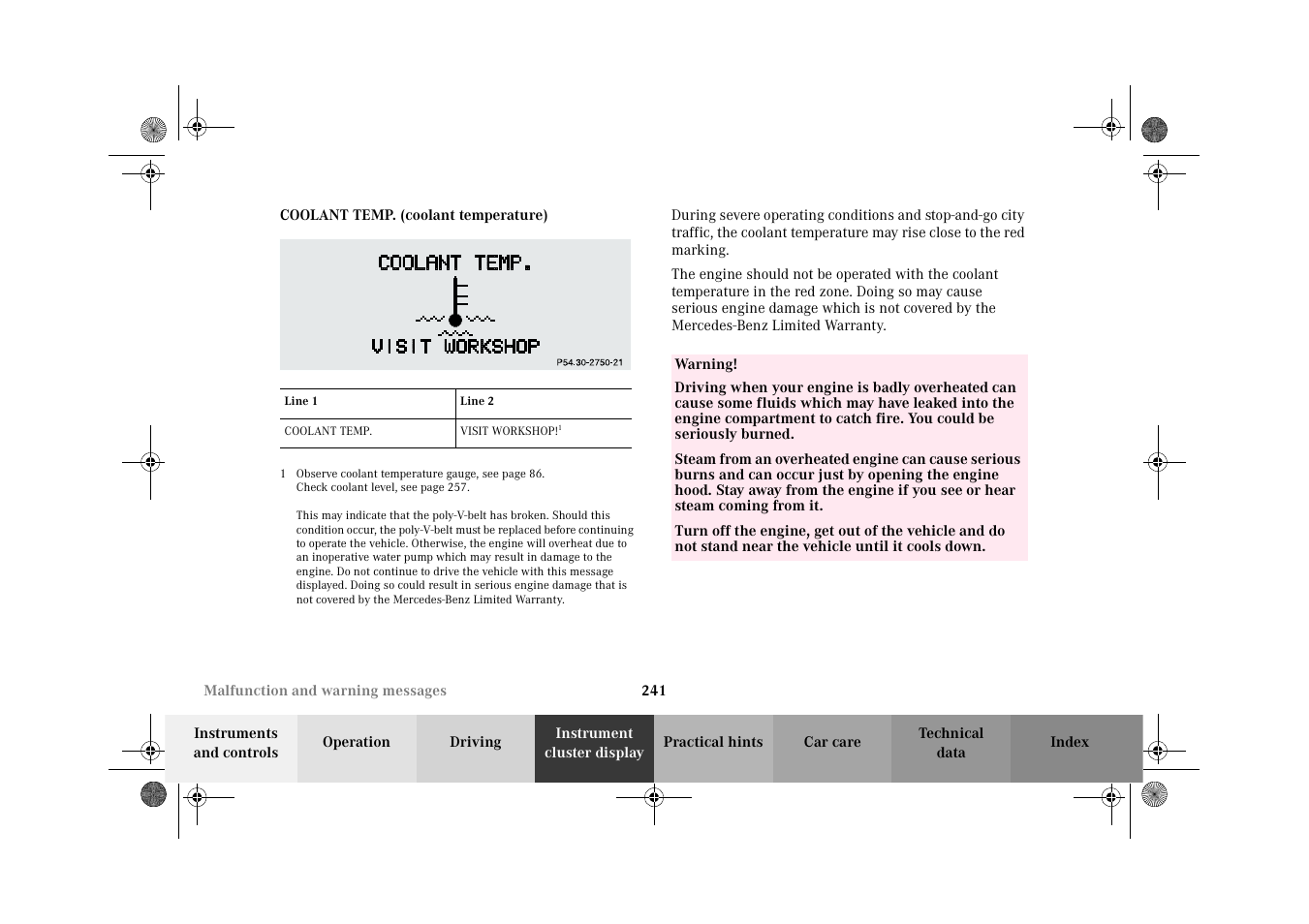 Coolant temp. (coolant temperature) | Mercedes-Benz 2002 CLK 320  EN User Manual | Page 244 / 346