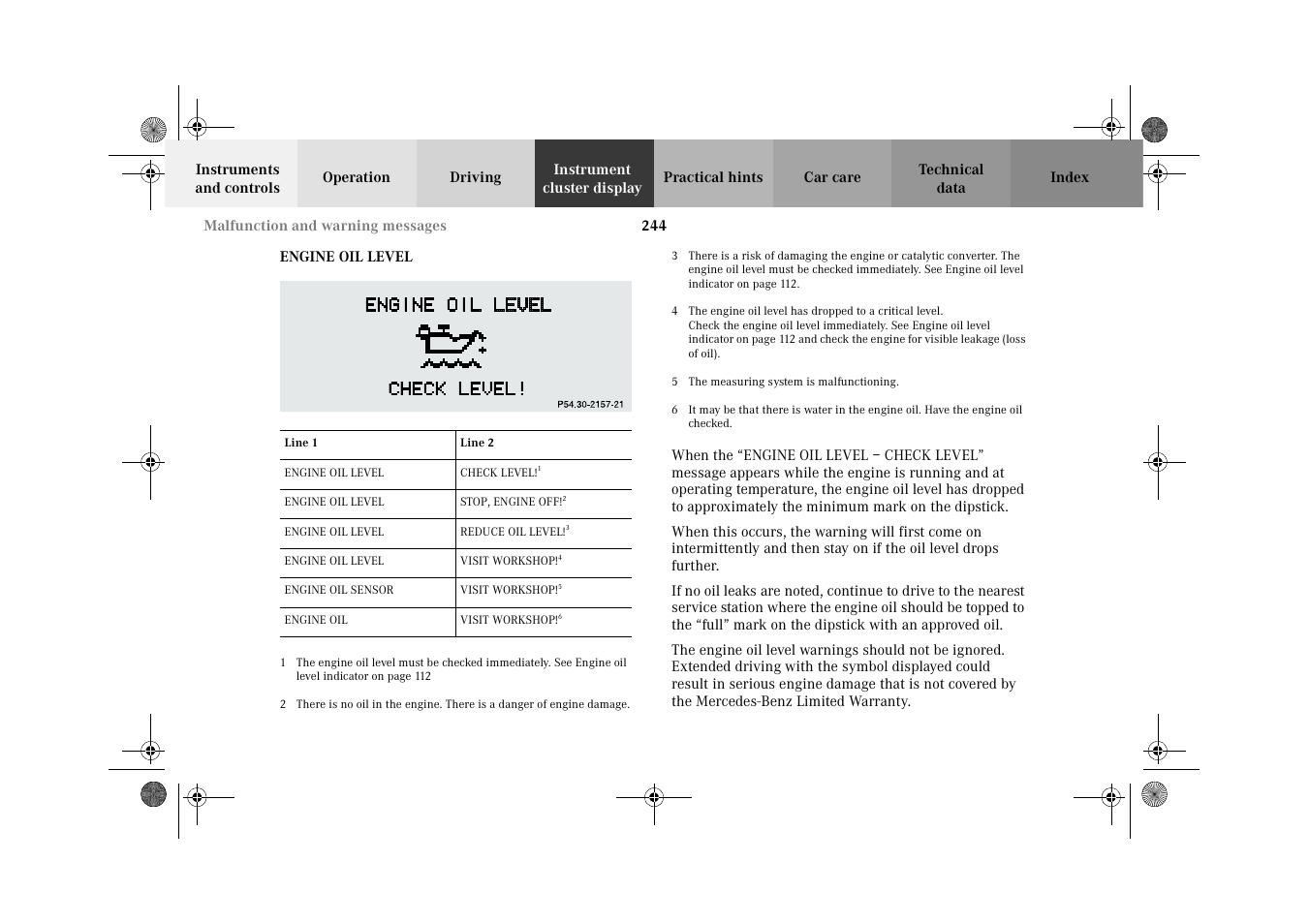 Engine oil level | Mercedes-Benz 2002 CLK 320  EN User Manual | Page 247 / 346