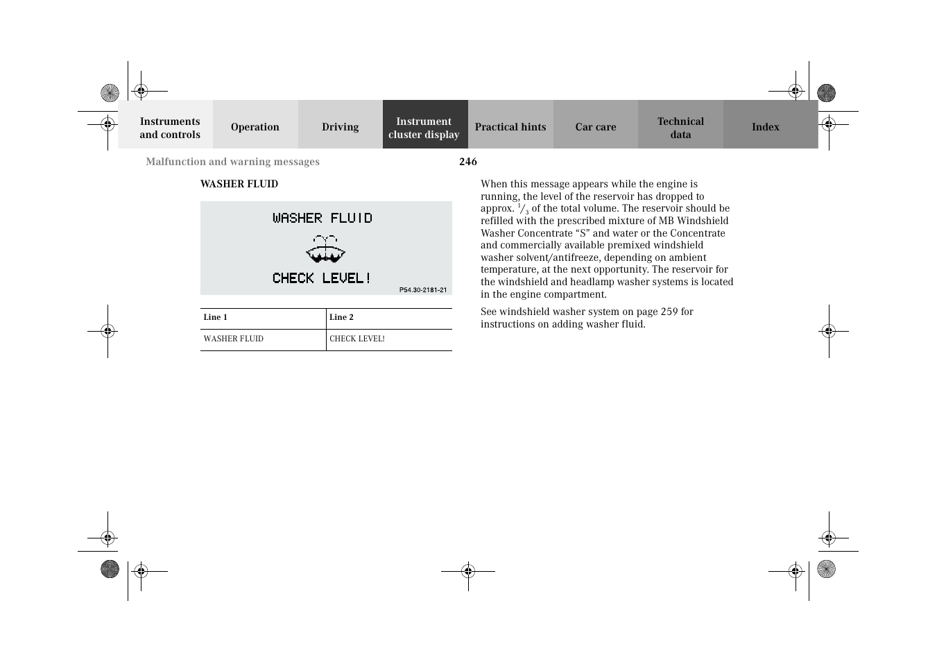 Washer fluid | Mercedes-Benz 2002 CLK 320  EN User Manual | Page 249 / 346