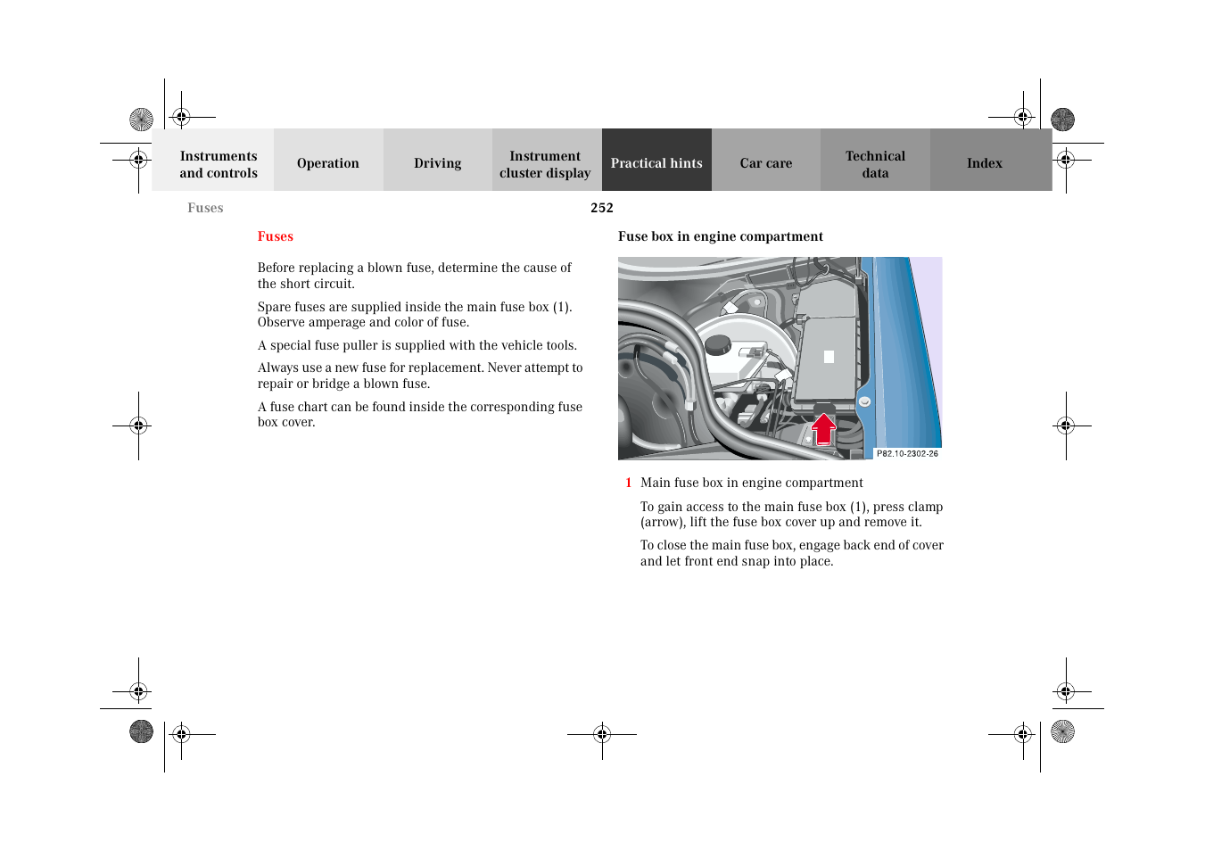 Fuses, electrical, Fuse box in engine compartment, Fuses | Mercedes-Benz 2002 CLK 320  EN User Manual | Page 255 / 346