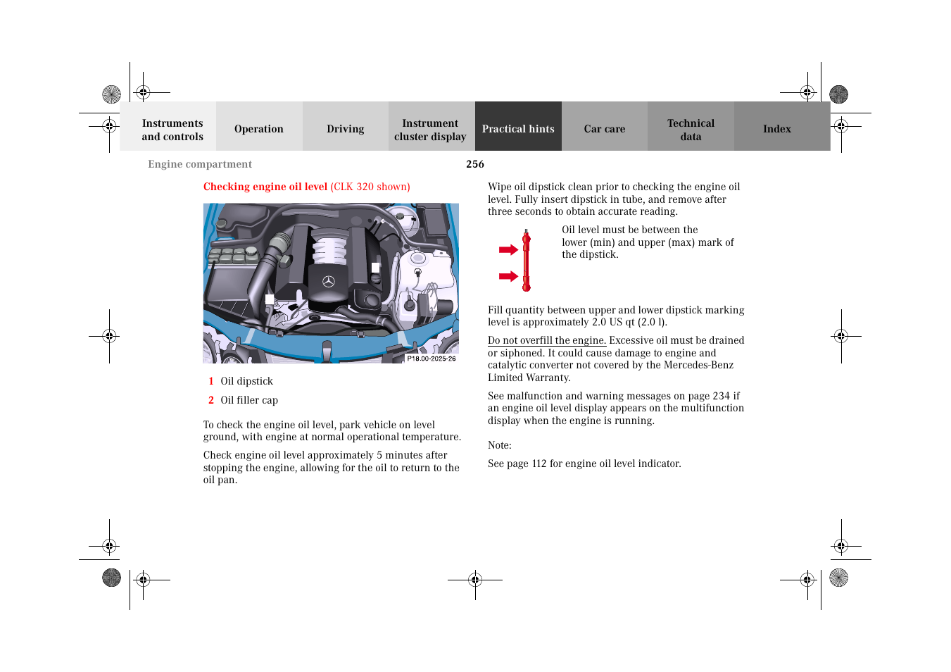 Engine oil level:checking, Checking engine oil level | Mercedes-Benz 2002 CLK 320  EN User Manual | Page 259 / 346