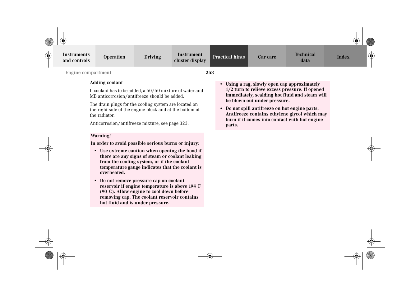 Coolant level:adding coolant, Adding coolant | Mercedes-Benz 2002 CLK 320  EN User Manual | Page 261 / 346