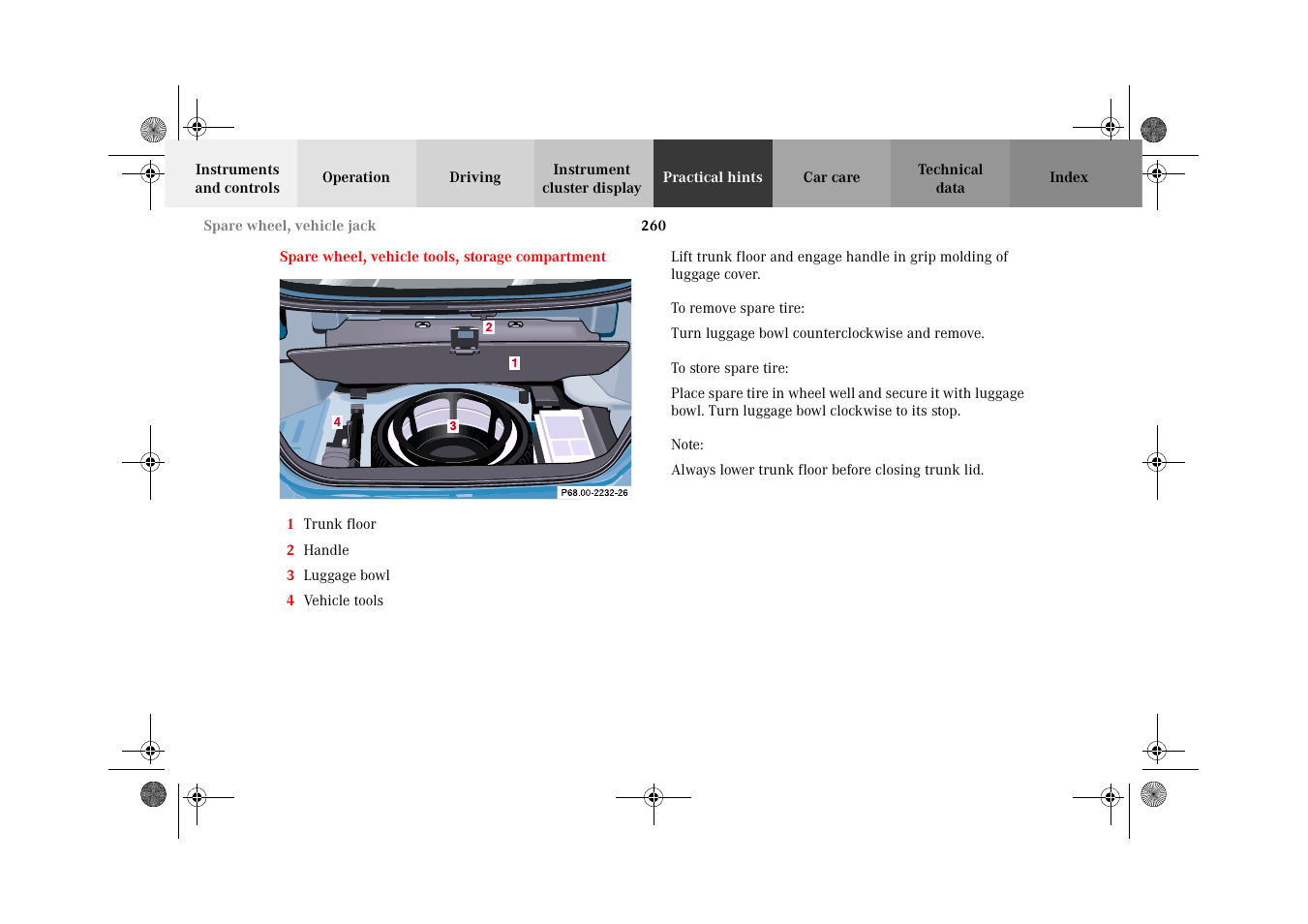 Spare wheel, Spare wheel, vehicle tools, Storage compartment | Mercedes-Benz 2002 CLK 320  EN User Manual | Page 263 / 346