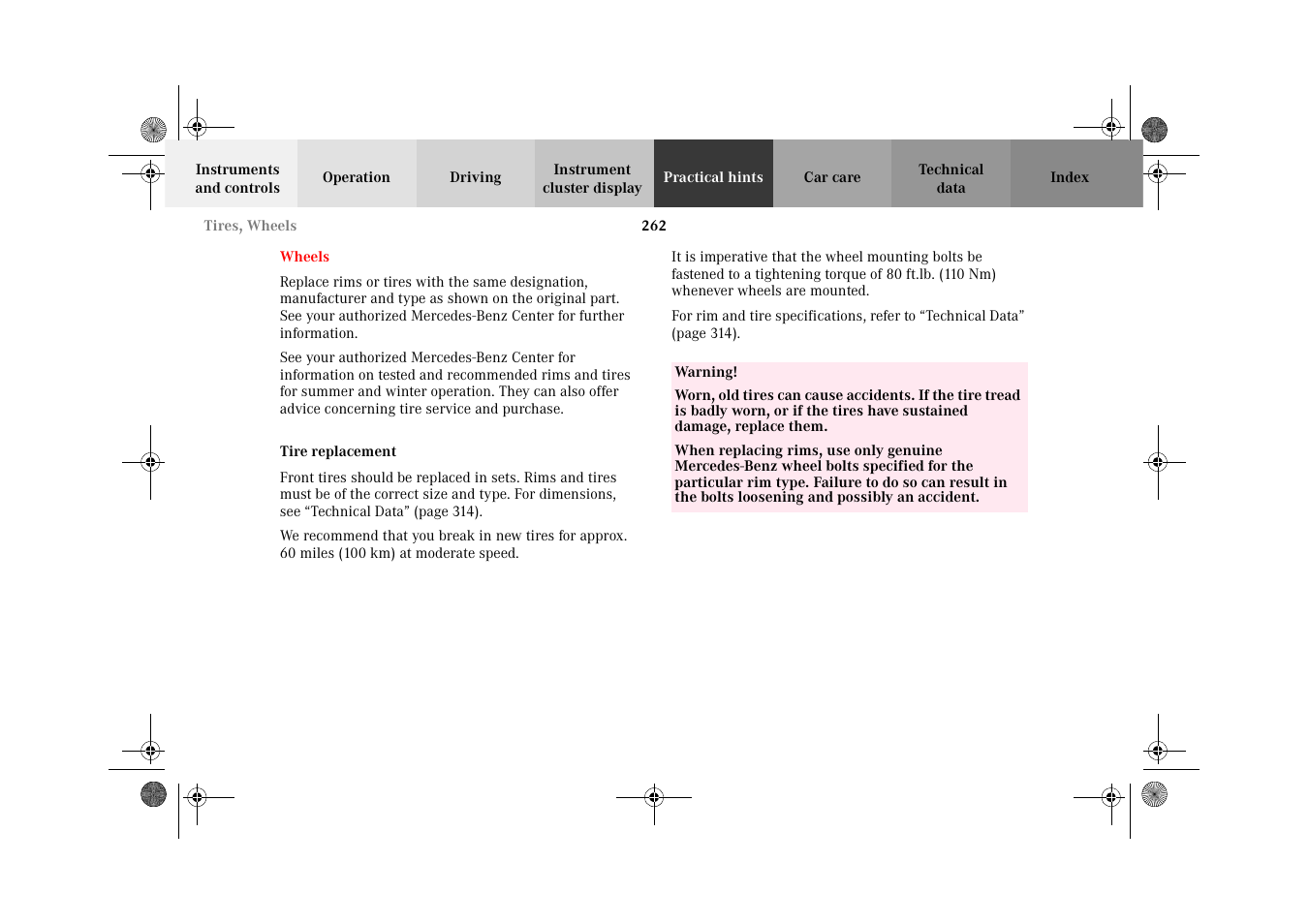 Wheels, Tires:tire replacement, Tire replacement | Mercedes-Benz 2002 CLK 320  EN User Manual | Page 265 / 346
