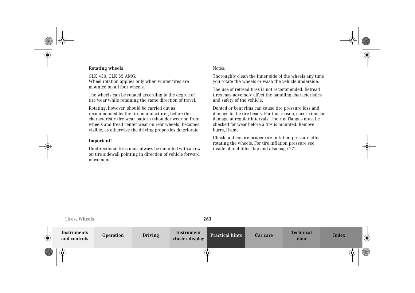 Tires:rotating wheels, Rotating wheels | Mercedes-Benz 2002 CLK 320  EN User Manual | Page 266 / 346