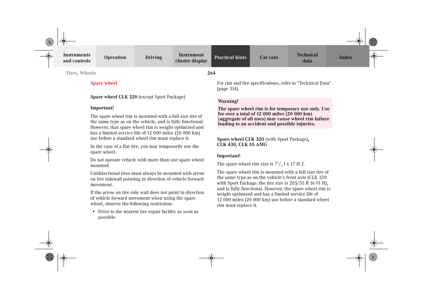 Spare wheel | Mercedes-Benz 2002 CLK 320  EN User Manual | Page 267 / 346