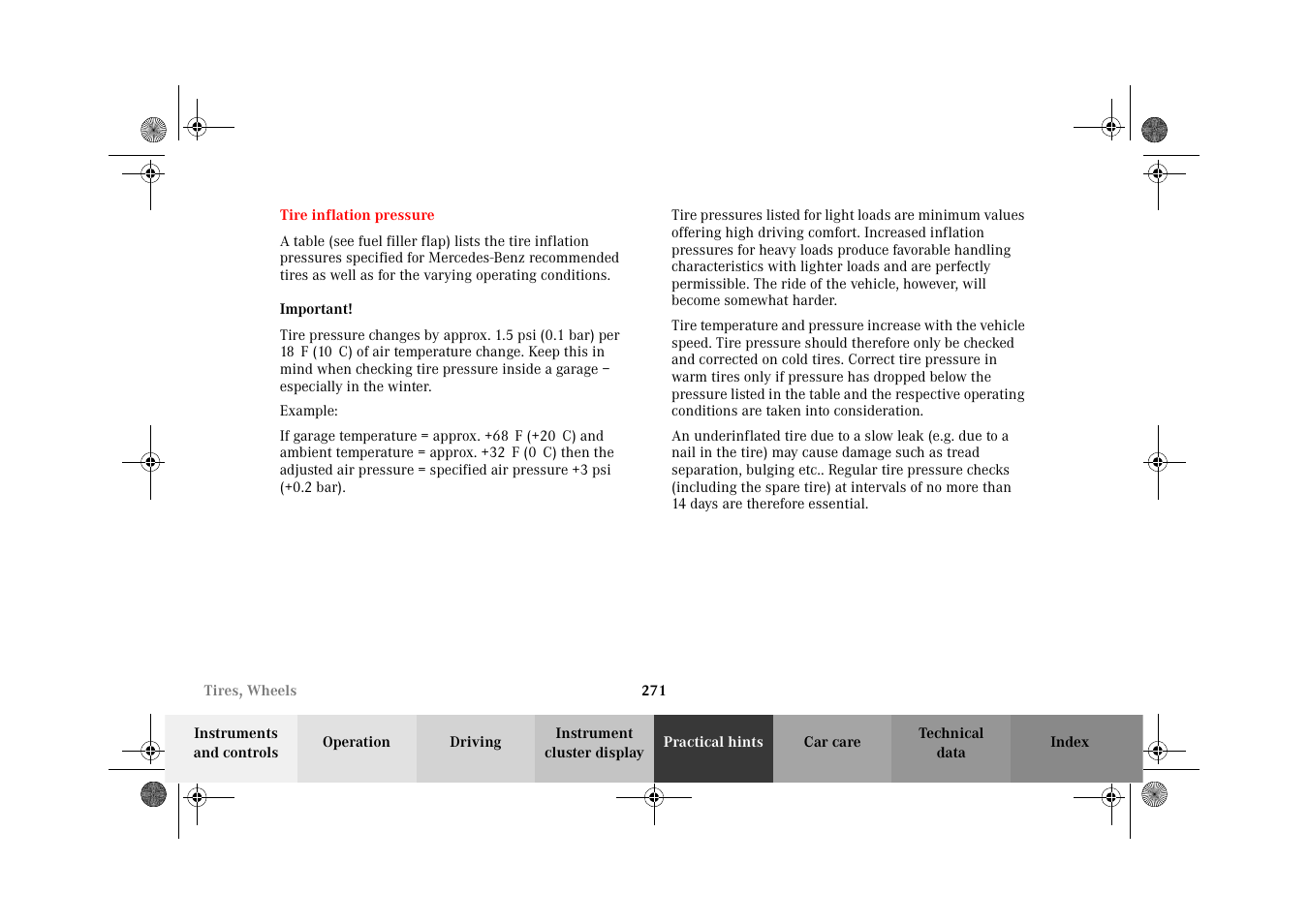 Tire inflation pressure, 271 for | Mercedes-Benz 2002 CLK 320  EN User Manual | Page 274 / 346