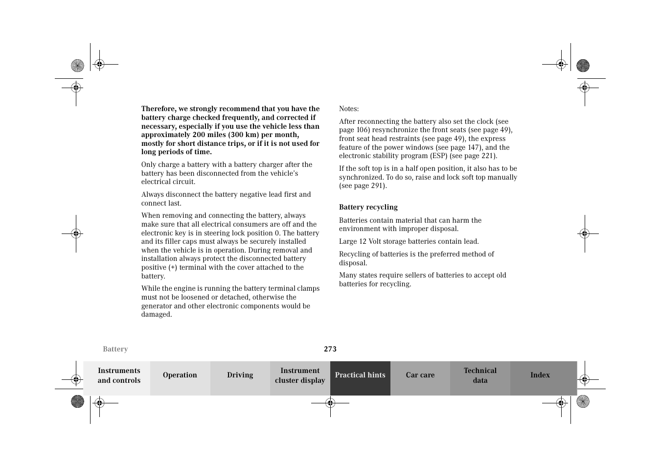 Battery:battery recycling | Mercedes-Benz 2002 CLK 320  EN User Manual | Page 276 / 346