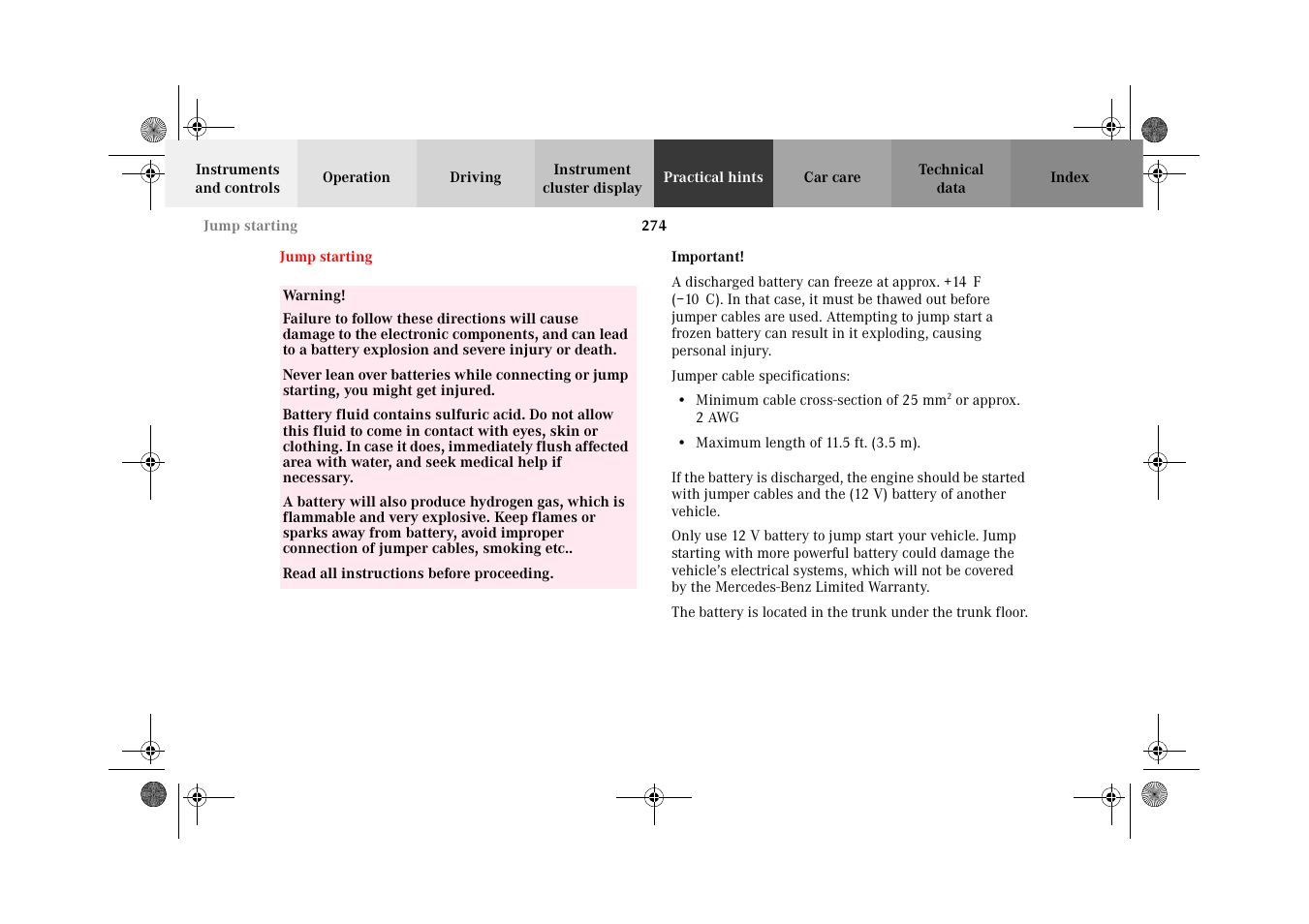 Jump starting | Mercedes-Benz 2002 CLK 320  EN User Manual | Page 277 / 346