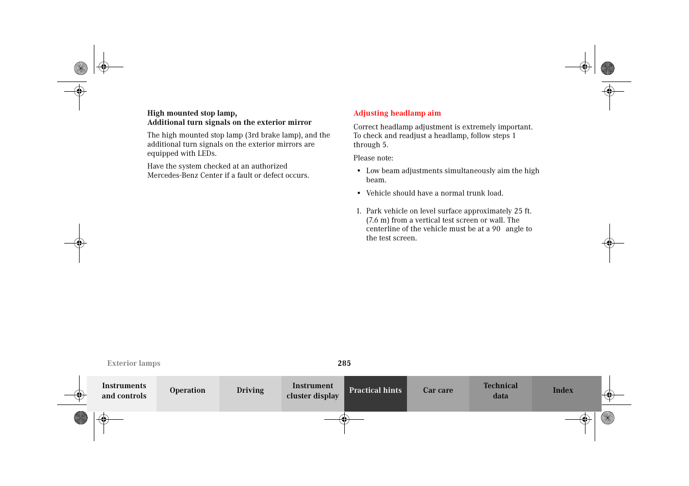Adjusting headlamp aim | Mercedes-Benz 2002 CLK 320  EN User Manual | Page 288 / 346