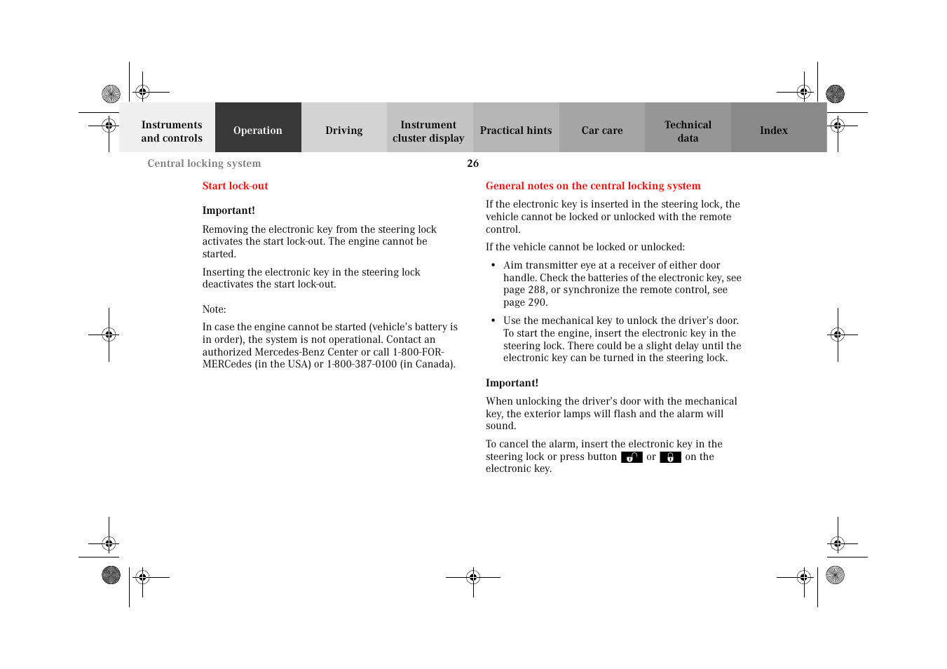 Start lock-out, General notes on the central locking system, Start lock-out general notes on the | Central locking system | Mercedes-Benz 2002 CLK 320  EN User Manual | Page 29 / 346