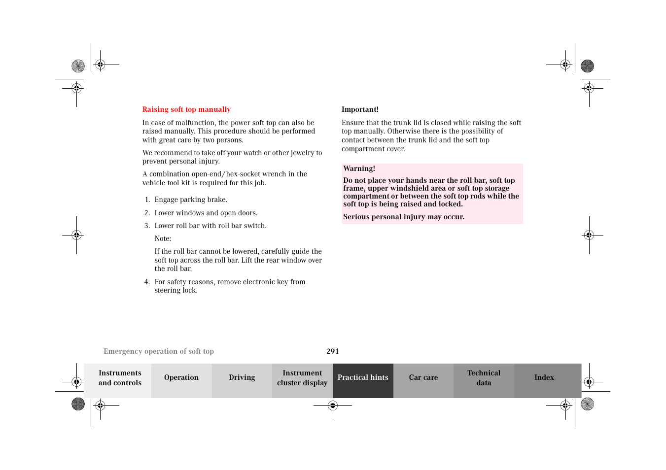 Emergency operation of soft top, Raising soft top manually | Mercedes-Benz 2002 CLK 320  EN User Manual | Page 294 / 346