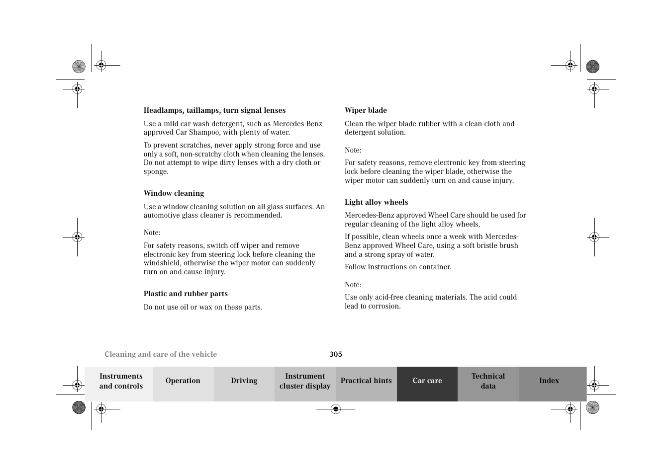 Headlamps, taillamps, turn signal lenses, Window cleaning, Plastic and rubber parts | Wiper blade, Light alloy wheels, Wiper blade light alloy wheels | Mercedes-Benz 2002 CLK 320  EN User Manual | Page 308 / 346