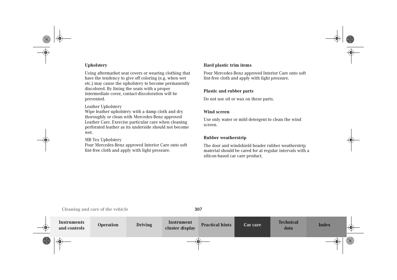 Upholstery, Hard plastic trim items, Plastic and rubber parts | Wind screen, Rubber weatherstrip | Mercedes-Benz 2002 CLK 320  EN User Manual | Page 310 / 346